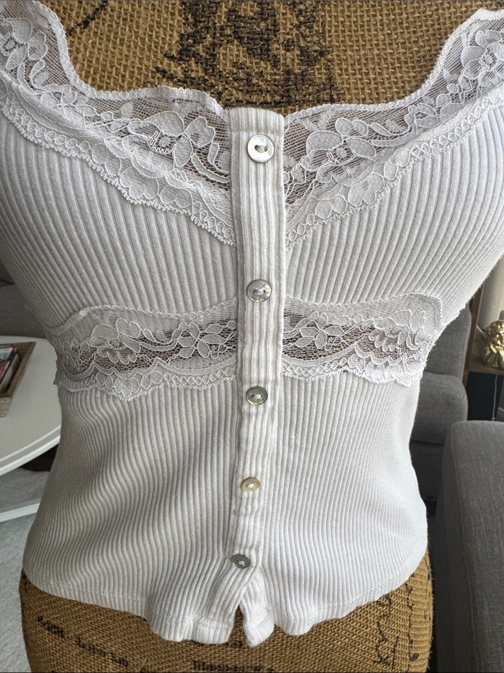 Zara White Ribbed Cami with Lace Trim - Picture 4 of 7